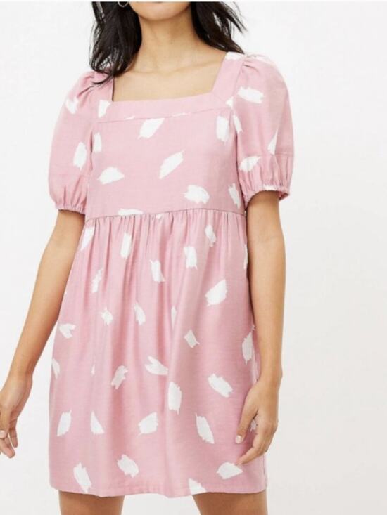 LOFT Dresses & Skirts - Loft Pink White Patterned Square Neck Babydoll Mini Dress Women's Size Large